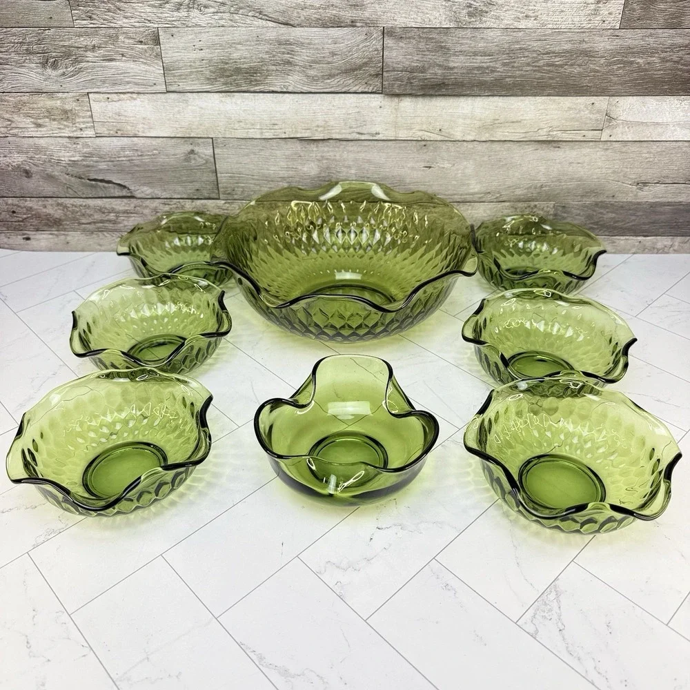 Indiana Glass Avocado Green Diamond Point Ruffled Serving Bowls - Set of 8
